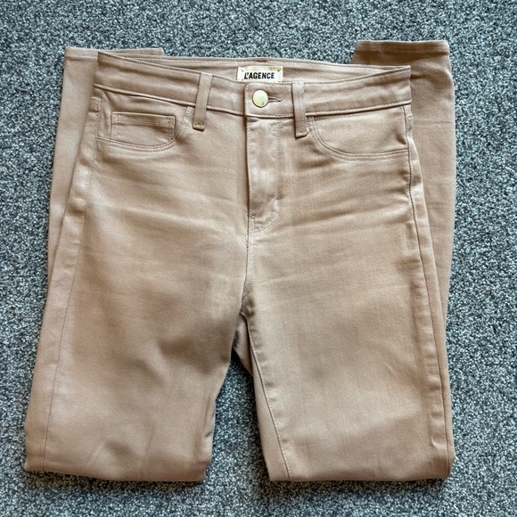 L’Agence Margot Skinny High Rise Coated Denim Jeans Cappuccino Brown Size 26 - Picture 10 of 10